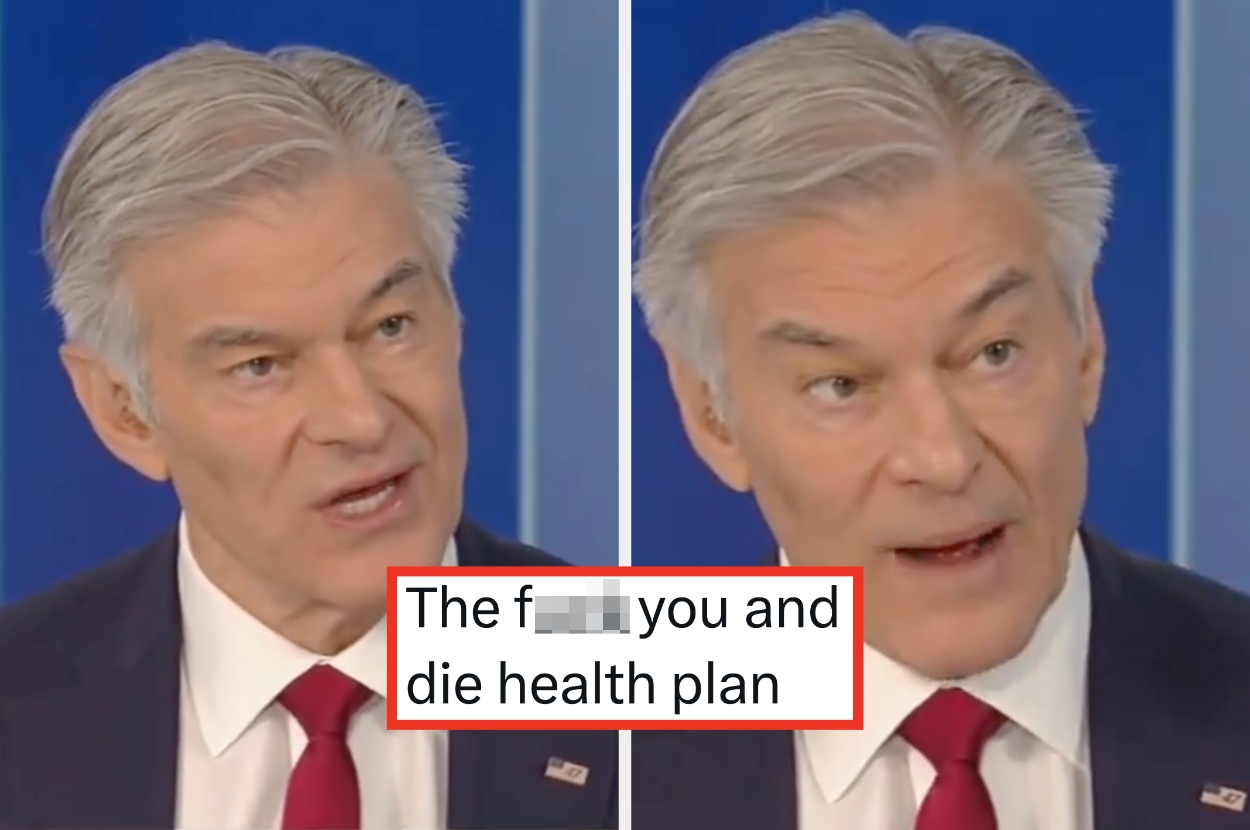 Split image of a man in a suit speaking with the phrase "The f*** you and die health plan" overlaying the image