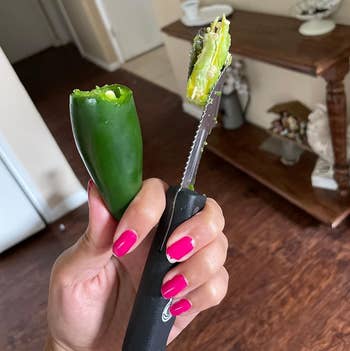 Person holding a jalapeño capsicum with a corer, showcasing an casual room instrumentality for capsicum preparation