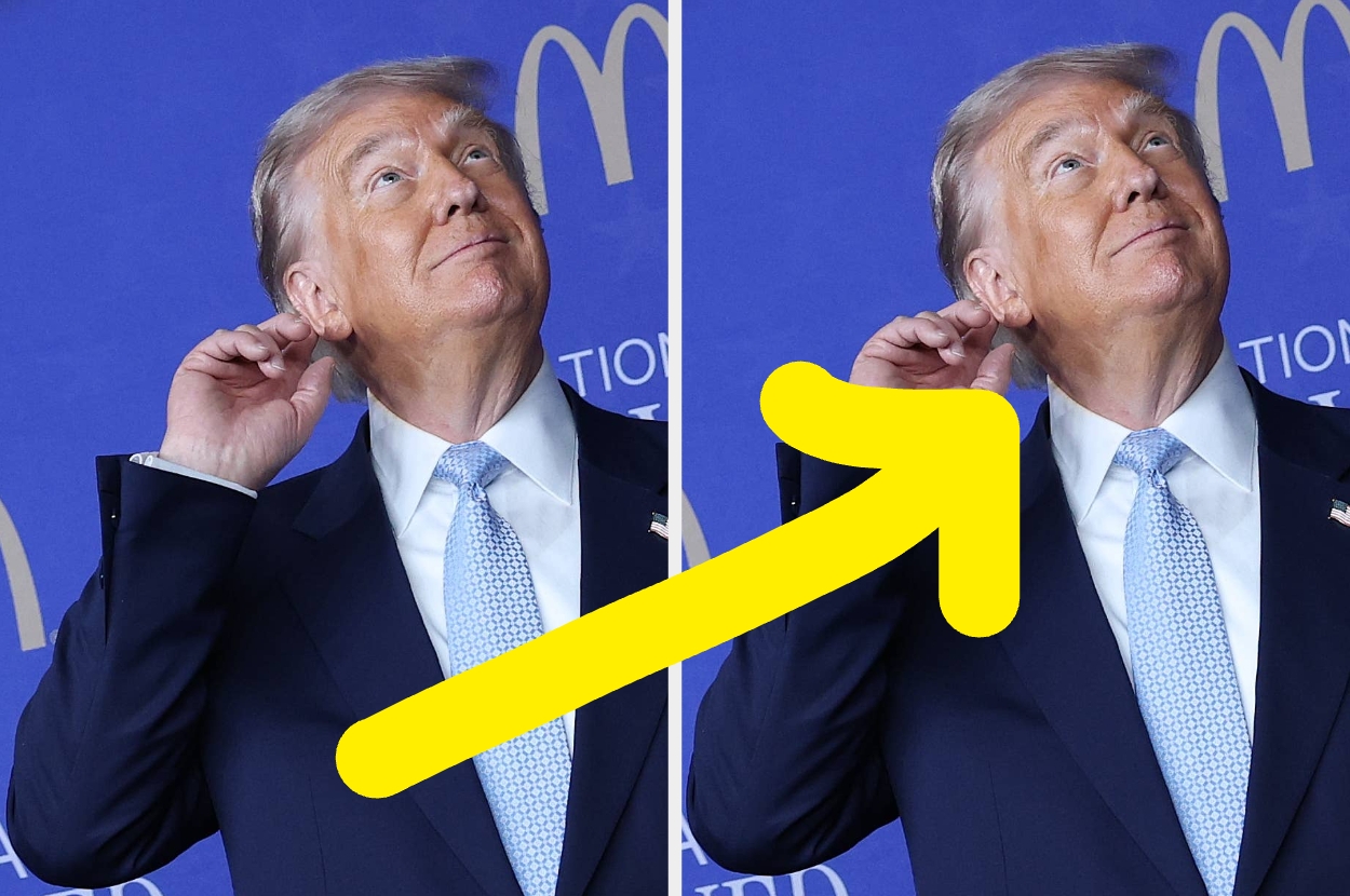 Person in a suit humorously gestures while looking upwards. Bright yellow arrow added for emphasis