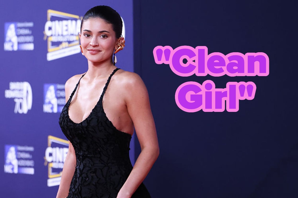 Person in elegant black dress on a red carpet beside "Clean Girl" text in large letters