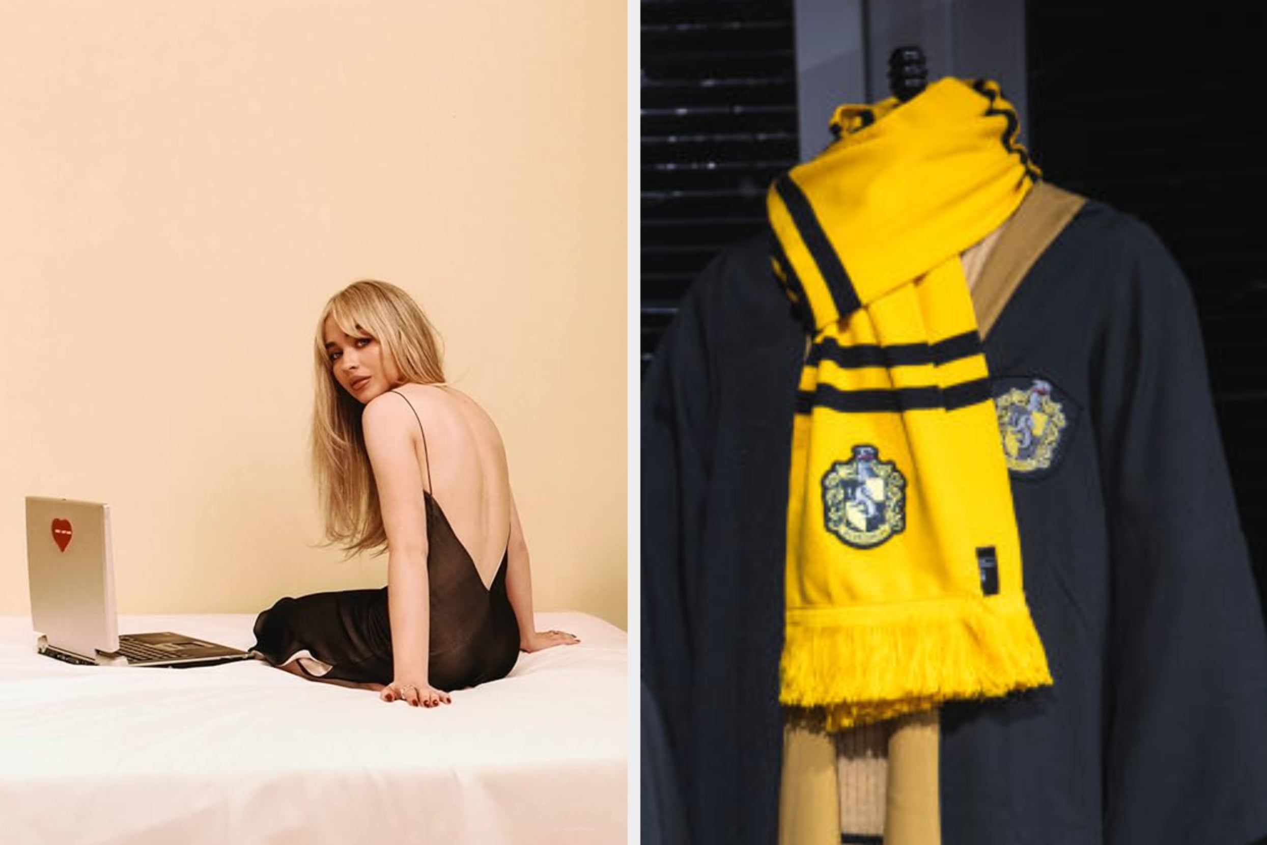 Left: A person in a backless dress sits with a laptop. Right: A black robe with a yellow scarf featuring a crest is displayed on a mannequin
