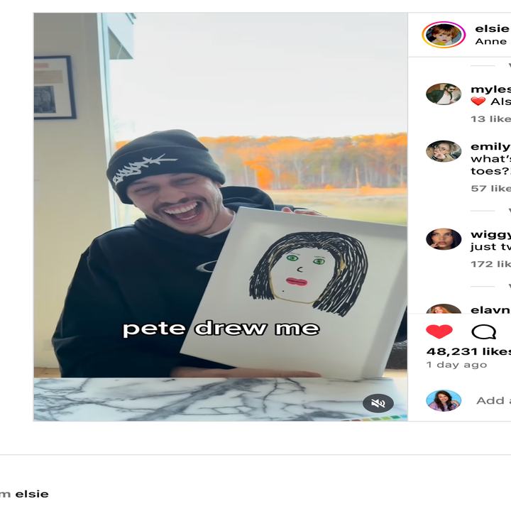 Person holds drawing of themselves with exaggerated features, smiling. Caption reads "pete drew me."