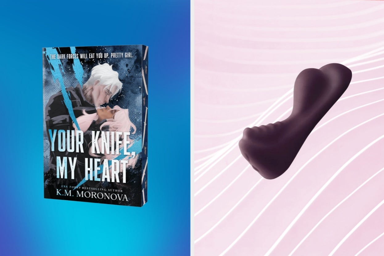 Book cover on left: "Your Knife, My Heart" by K.M. Moronova. Right: abstract purple object on a textured background