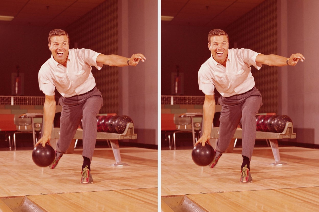 Person bowling in a vintage setting, wearing a short-sleeved shirt and slim-fit pants. They are captured mid-action with a joyful expression