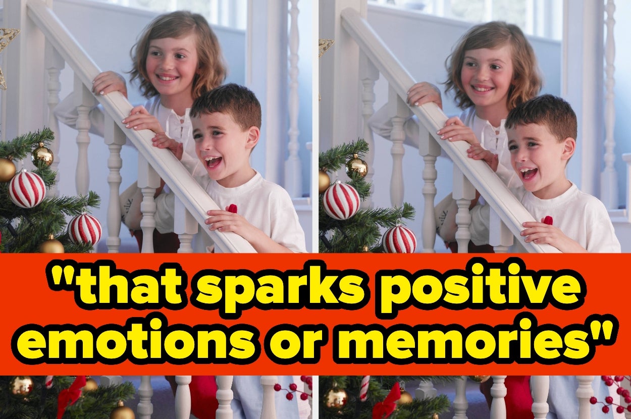 Two smiling children stand by a staircase near a decorated Christmas tree, conveying joy and holiday spirit. Text reads: "that sparks positive emotions or memories."