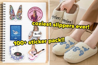 Sticker pack featuring various designs and cozy slippers with a playful text design, highlighted as a shopping recommendation