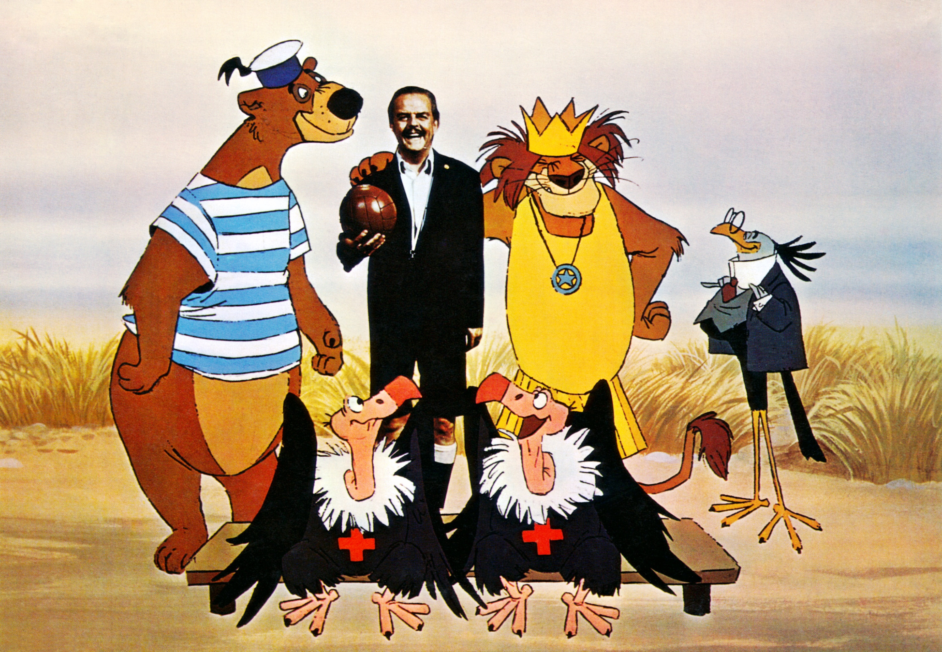 A idiosyncratic   stands with animated characters from "The Jungle Book," including Baloo, King Louie, and the vultures. The idiosyncratic   is holding a bowling ball