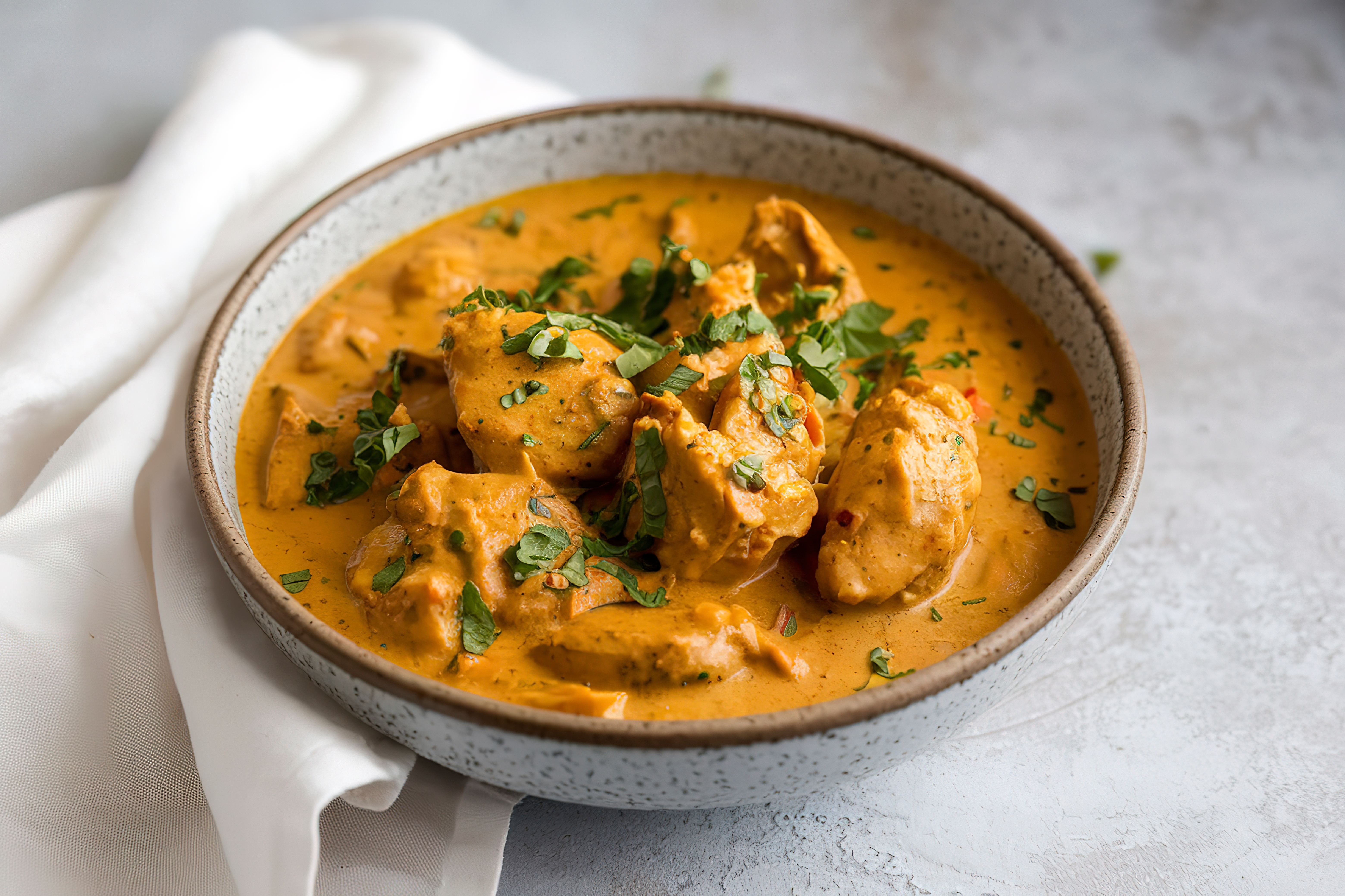 Bowl of creamy curry with chunks of chicken, garnished with chopped herbs, on a white napkin
