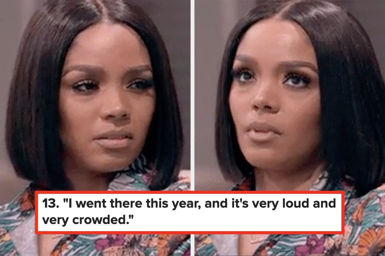 A woman with a bob hairstyle appears skeptical and surprised in split images. Text: "I went there this year, and it's very loud and very crowded"