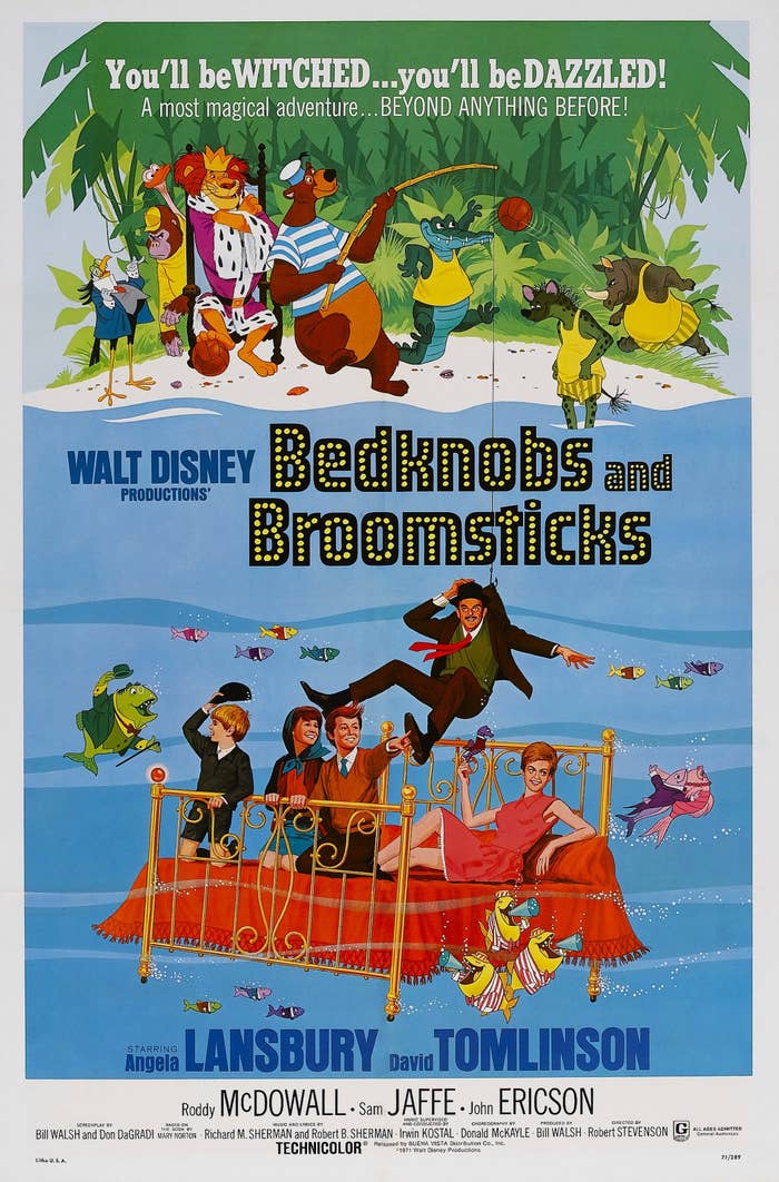 Vintage "Bedknobs and Broomsticks" movie   poster showing animated characters connected  a flying furniture  implicit    the sea. Title and actors' names are featured