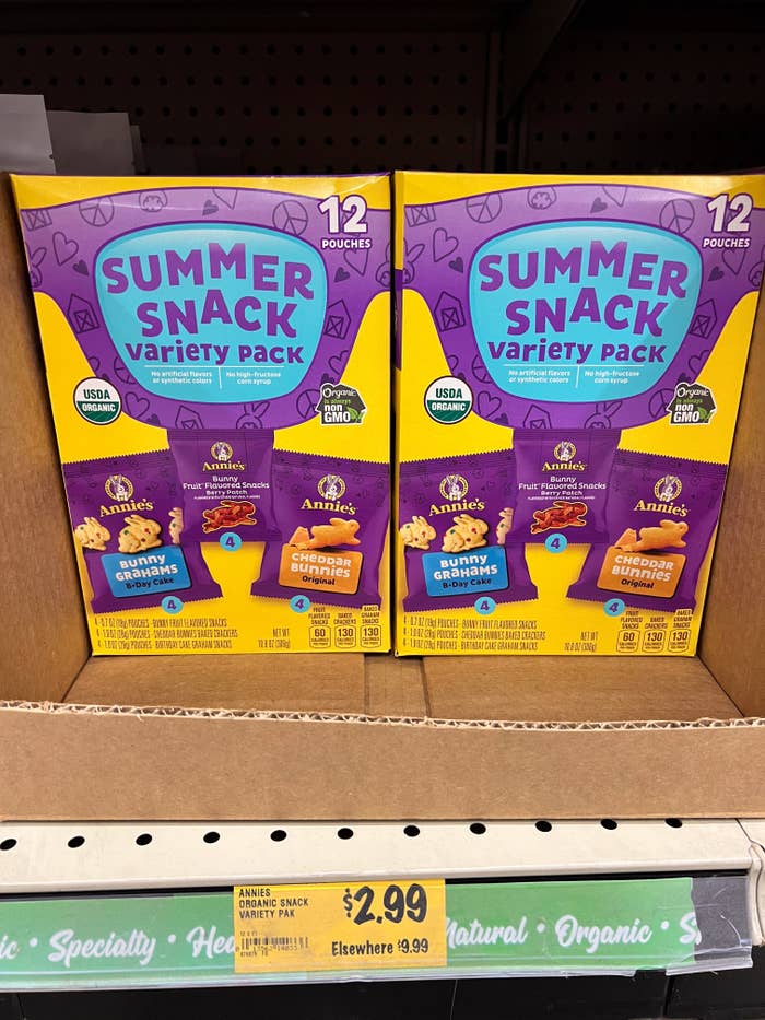 Snack support  with Annie's Summer Snack Variety Pack featuring food  crackers, priced astatine  $2.99, labeled integrated  and non-GMO