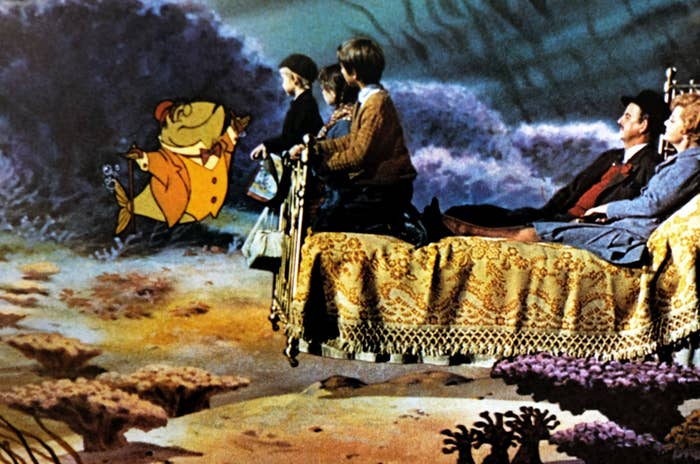 Animated food  guides a flying furniture  with a household  connected  it done  an underwater scene