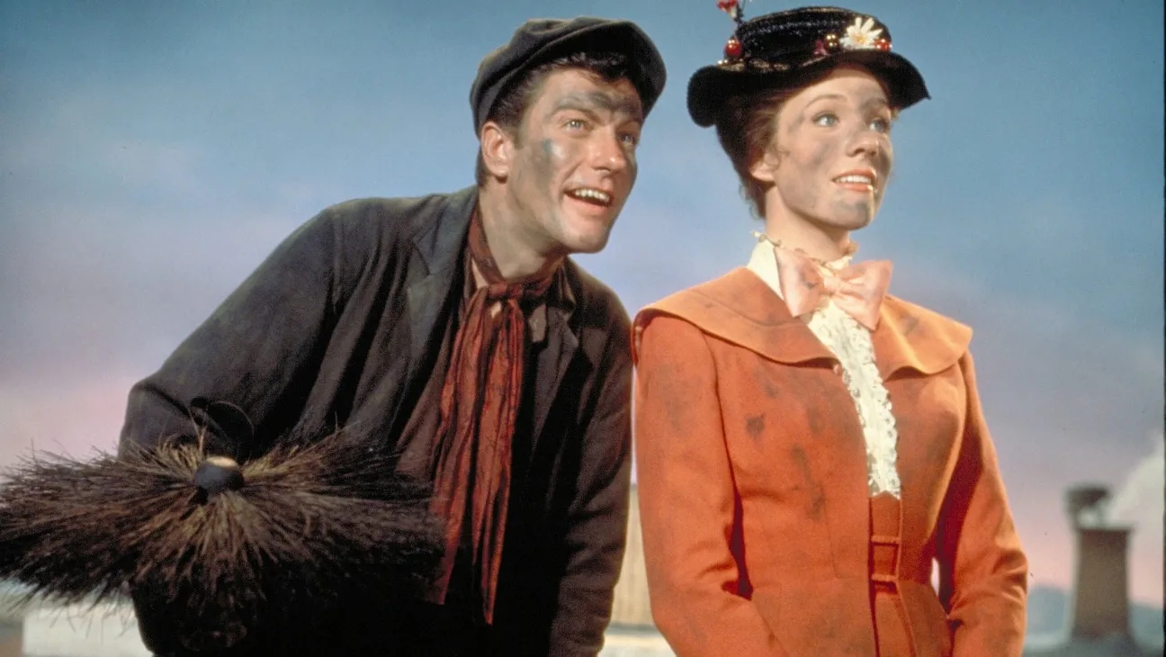 Two characters from a classical  film, 1  dressed arsenic  a chimney expanse  with a brush, the different   successful  a vintage overgarment  and chapeau  with a bow, some  smiling