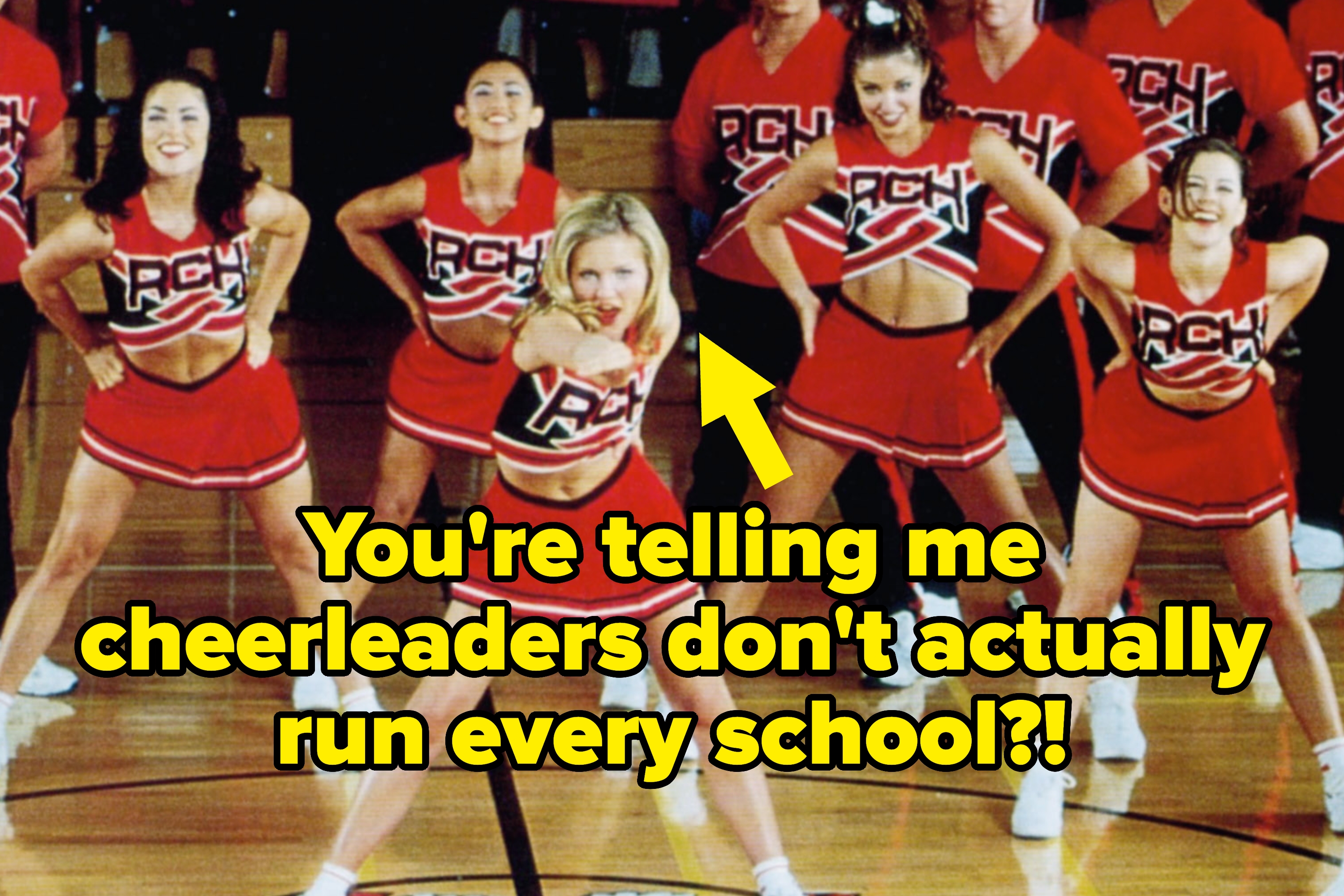 Cheerleading squad performing a routine on a gym floor, all wearing matching uniforms with "RCH" logos. Central figure is posed prominently