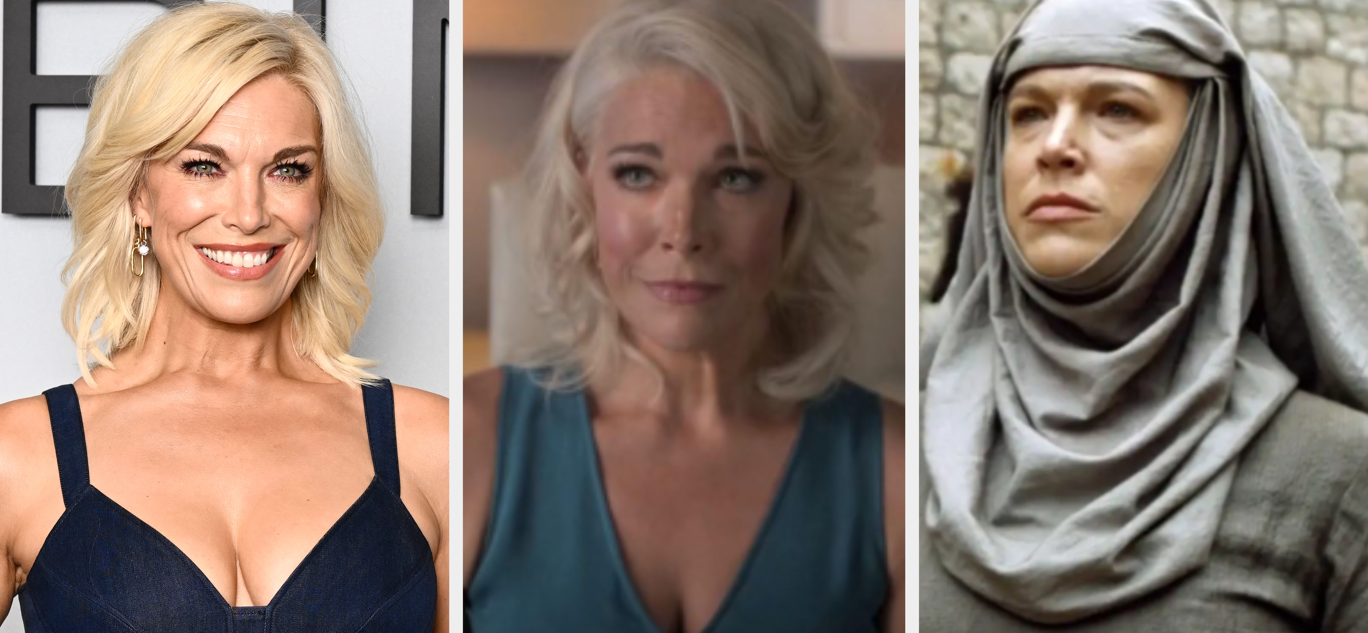 Person in a fitted denim dress with black accents poses smiling, hands in pockets, against a backdrop with partially visible text