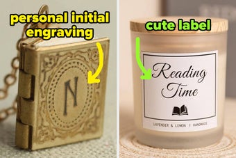 Engraved book locket with initial "N" and a candle labeled "Reading Time," featuring lavender and lemon scent, shown as gift ideas