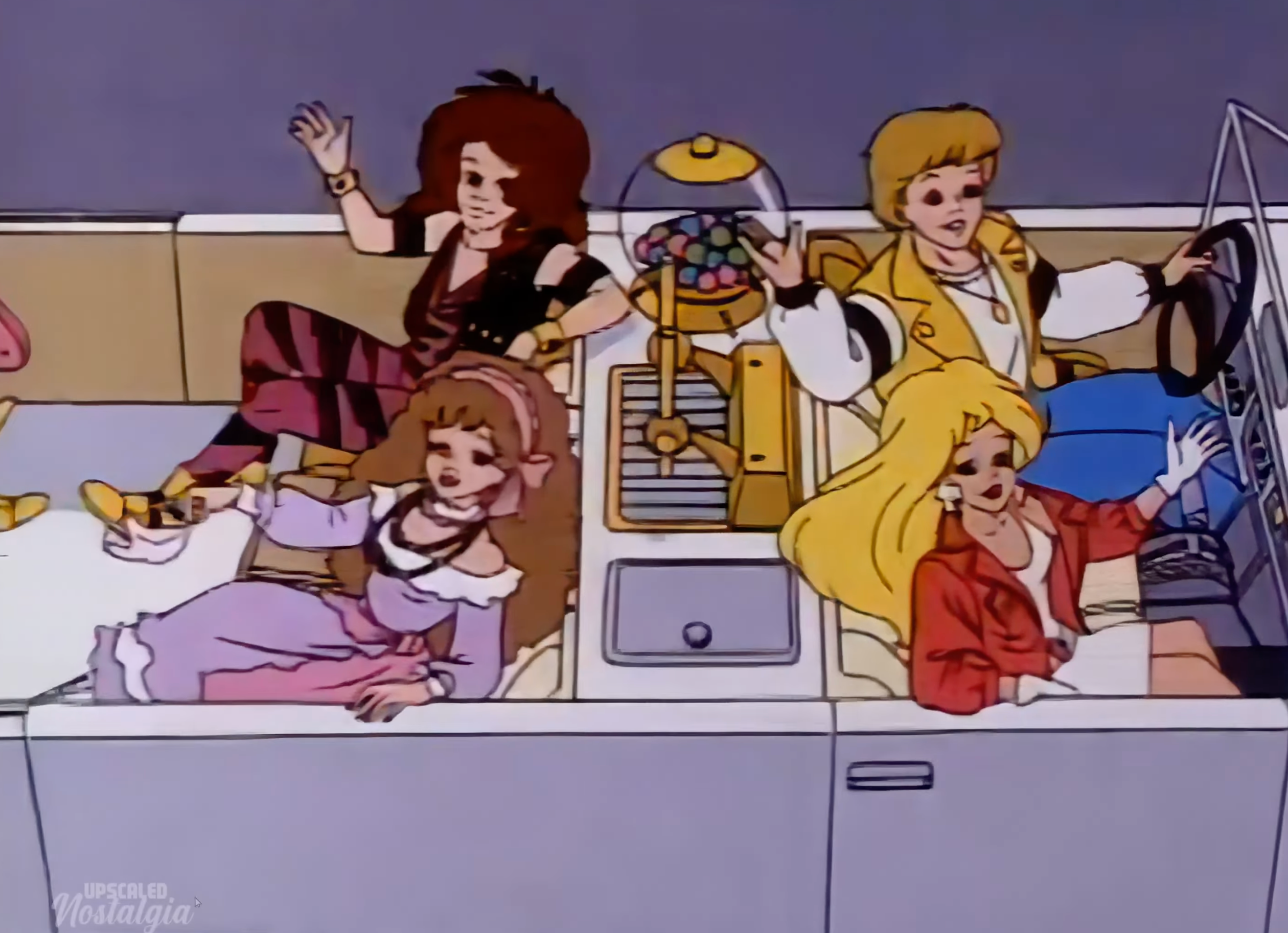 Animated characters thrust successful a convertible, smiling and waving. Retro manner includes striped leggings and vibrant layers. Toy vending instrumentality is visible