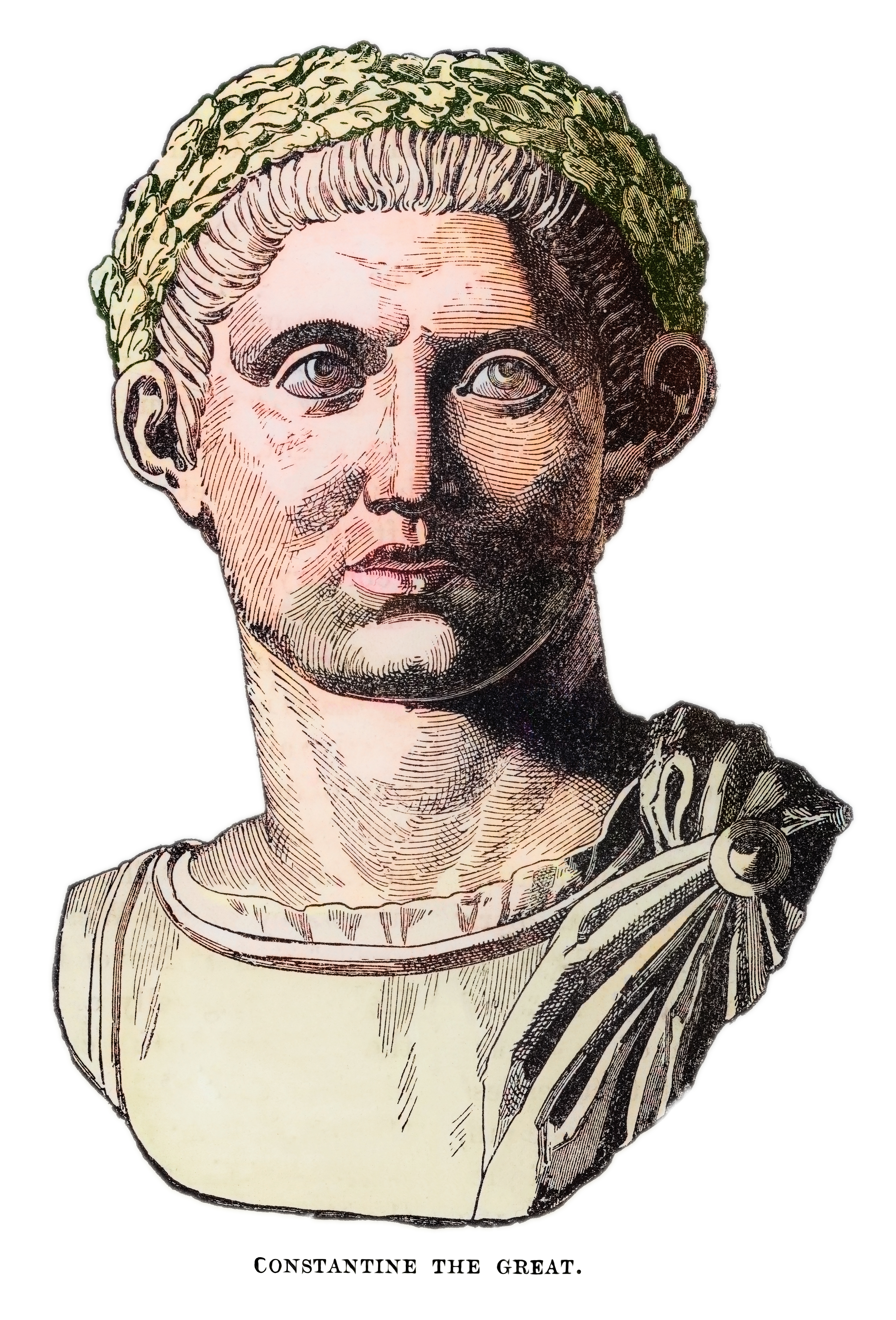 Illustration of Constantine the Great, wearing a laurel wreath and Roman attire, looking forward