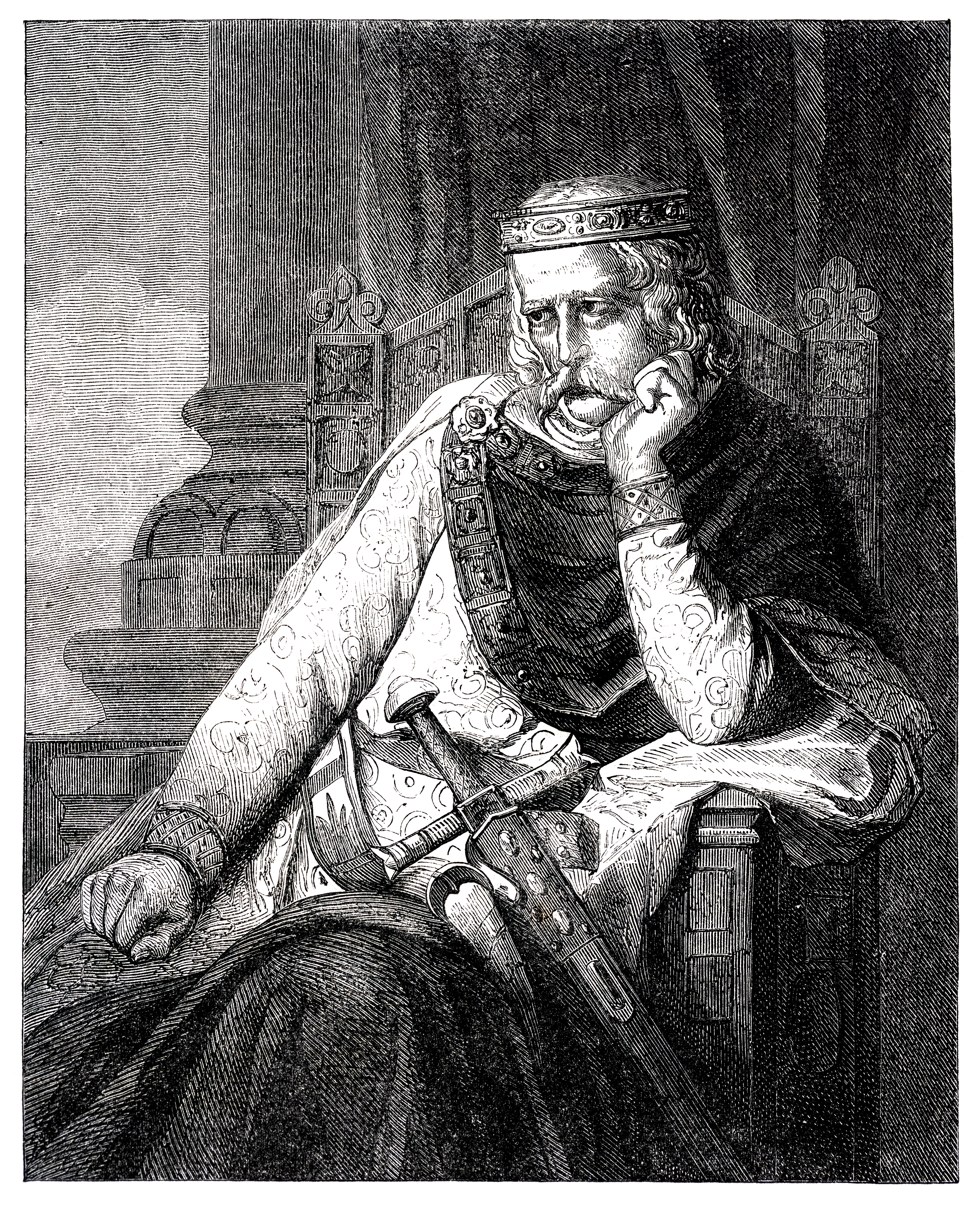 Medieval king connected  a throne, wearing ornate robes and a crown, heavy  successful  thought