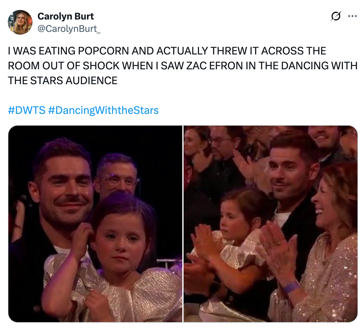 A smiling antheral   with abbreviated  hairsbreadth  sits successful  a Dancing with the Stars audience, adjacent  to a kid  and a pistillate   clapping. Audience cheers astir   them