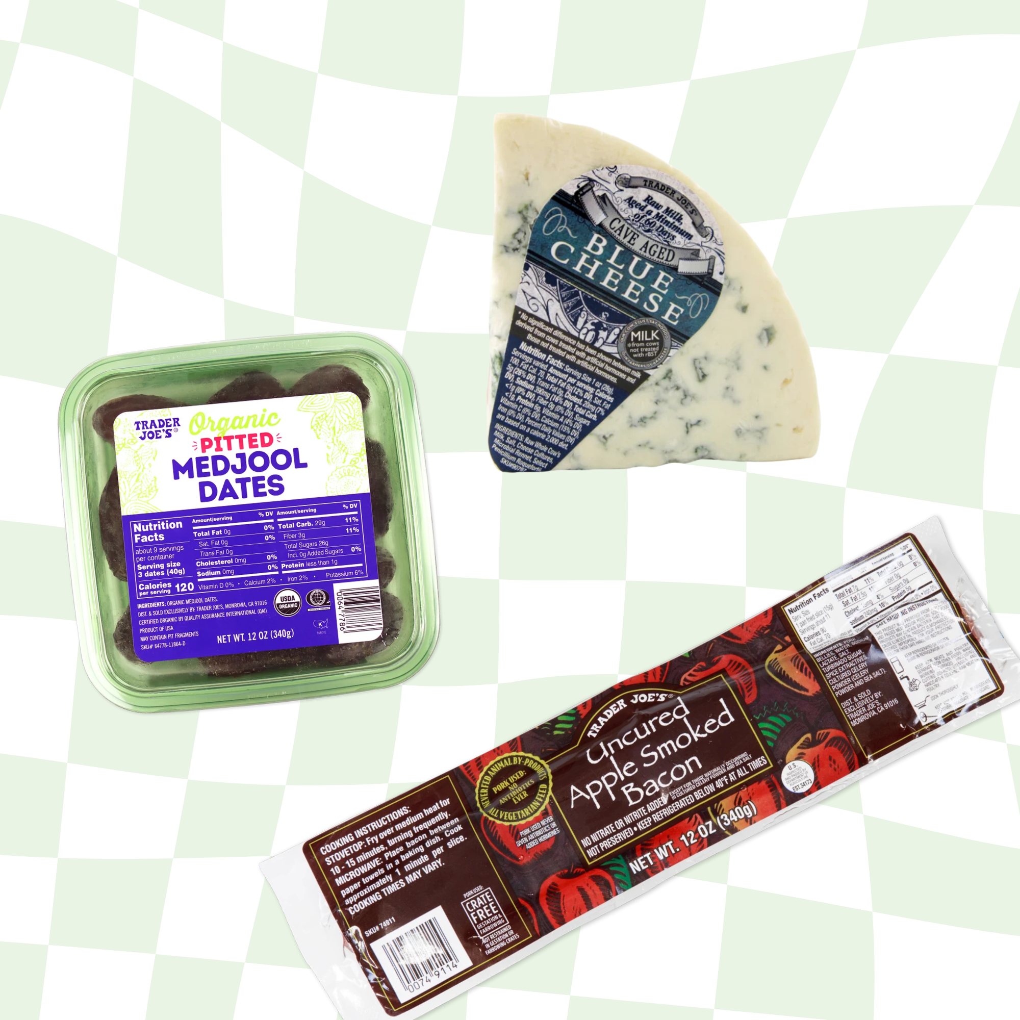 Packaged organic medjool dates, blue cheese, and uncured smoked bacon against a checkered background