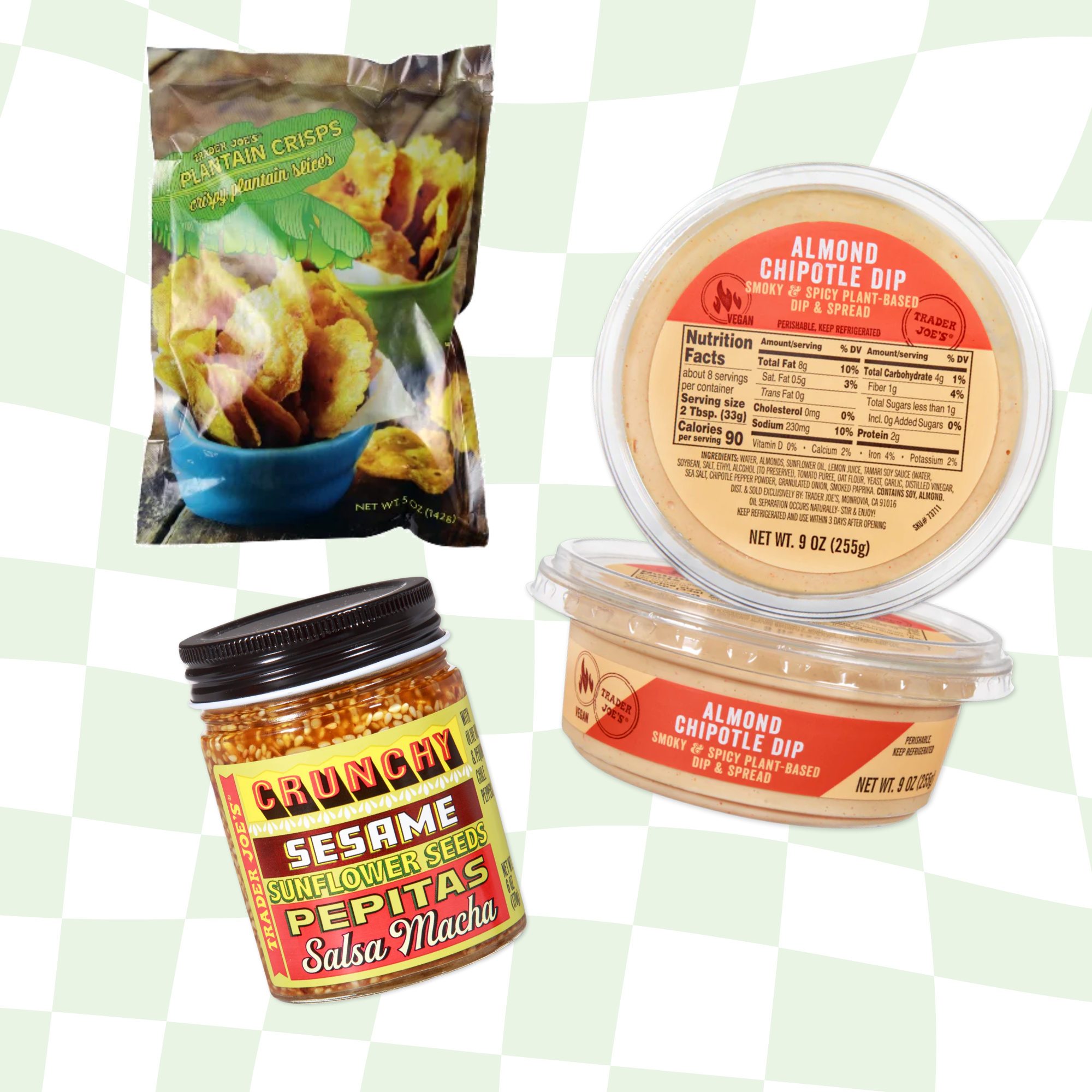 Plantain crisps in a bowl, a container of almond chipotle dip, and a jar of crunchy sesame sunflower seeds labeled Salsa Macho