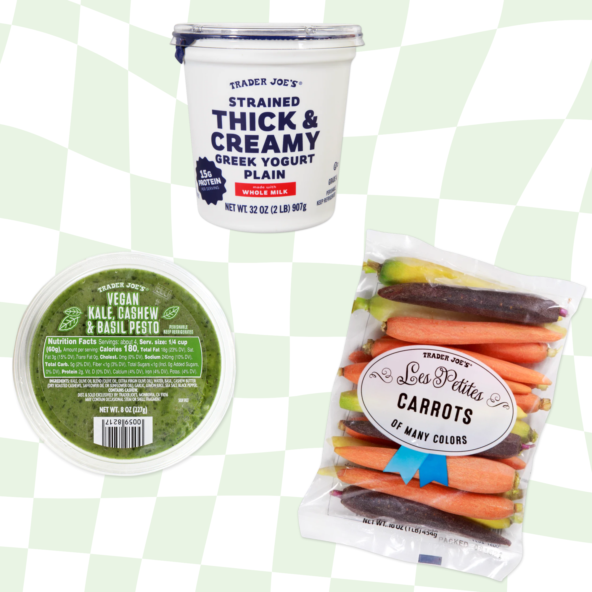 Trader Joe&#x27;s products: thick and creamy Greek yogurt, vegan kale cashew and basil pesto, and Les Petites carrots