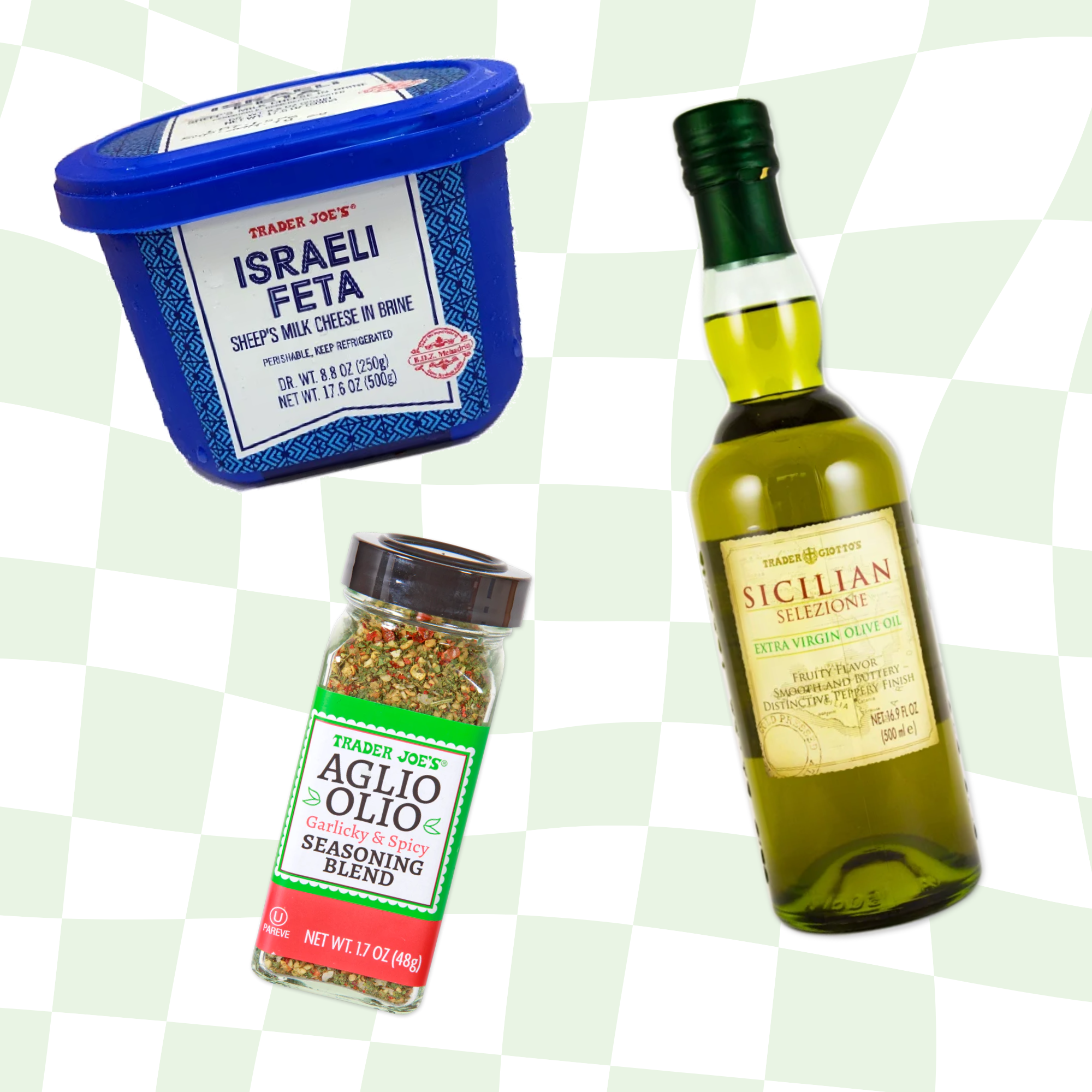 Trader Joe&#x27;s Israeli Feta, Aglio Olio seasoning, and Sicilian olive oil on a checkered background