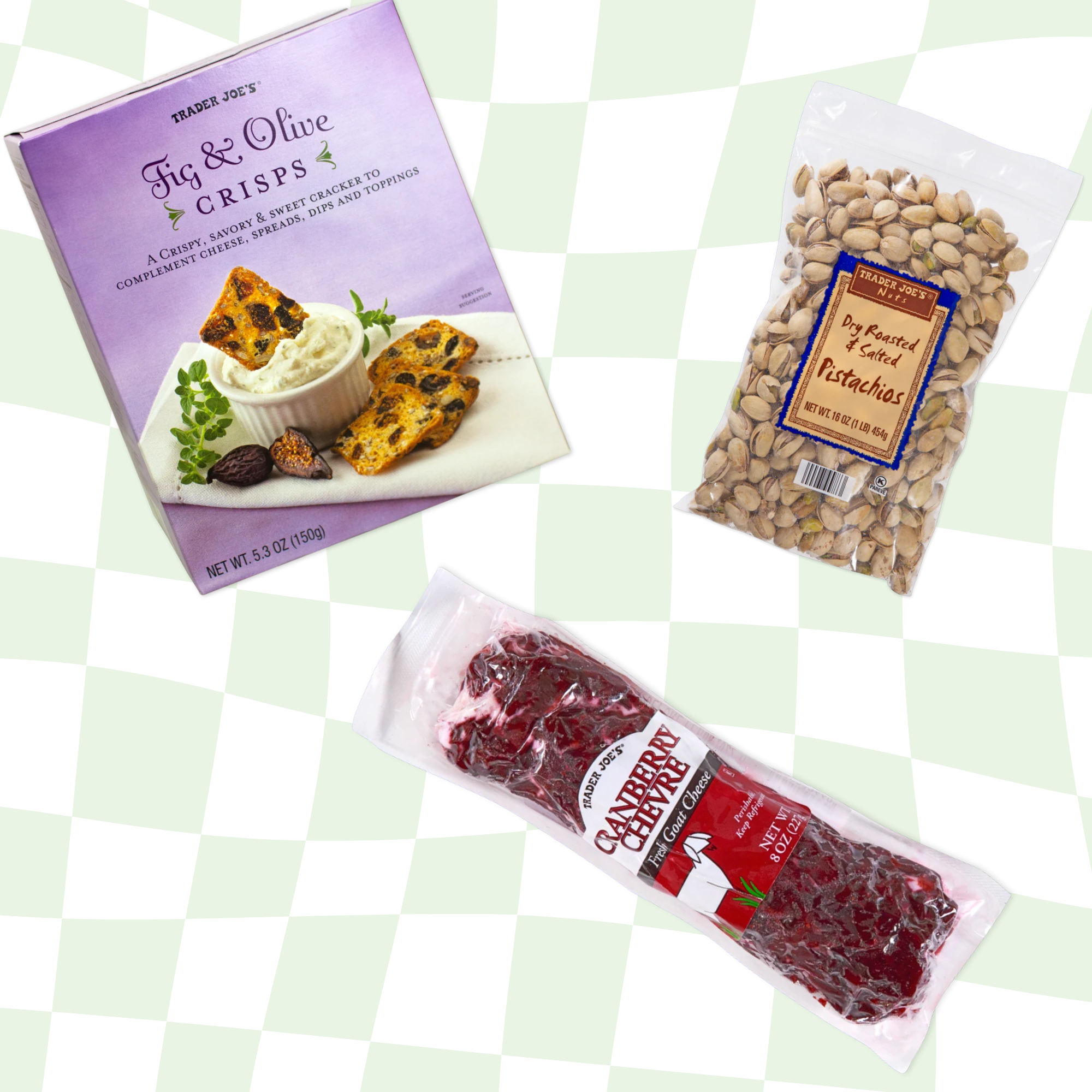Trader Joe&#x27;s fig crisps, roasted pistachios, and cranberry goat cheese are displayed on a patterned background