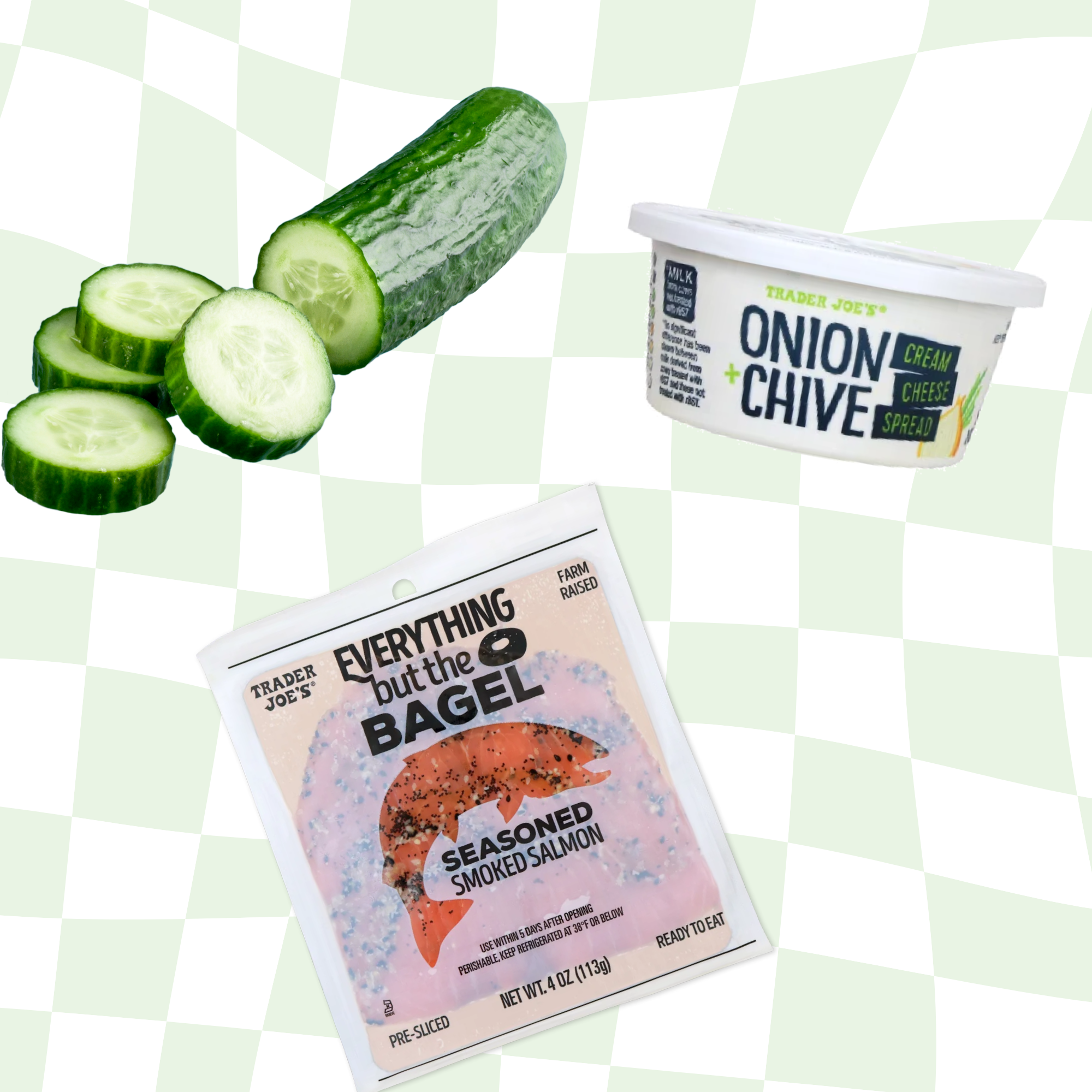 Cucumber slices, Everything but the Bagel seasoned smoked salmon, and onion &amp;amp; chive cream cheese spread are arranged on a checkered background