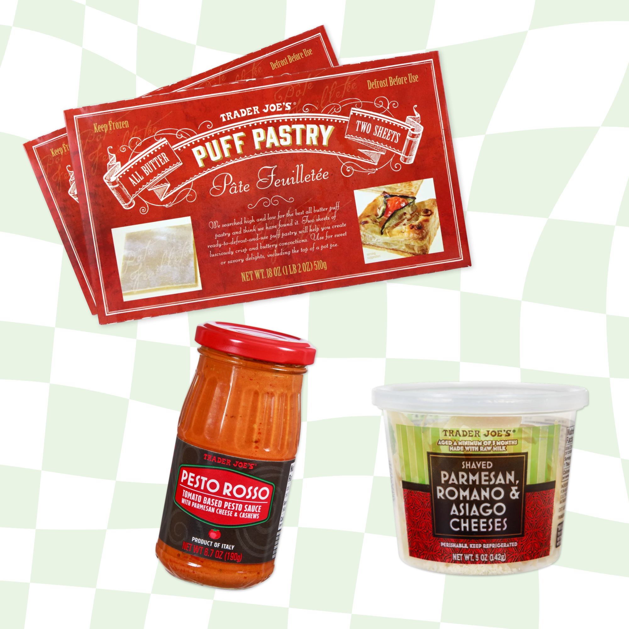 Trader Joe&#x27;s products: puff pastry package, jar of Pesto Rosso sauce, and tub of shaved Parmesan, Romano, and Asiago cheeses