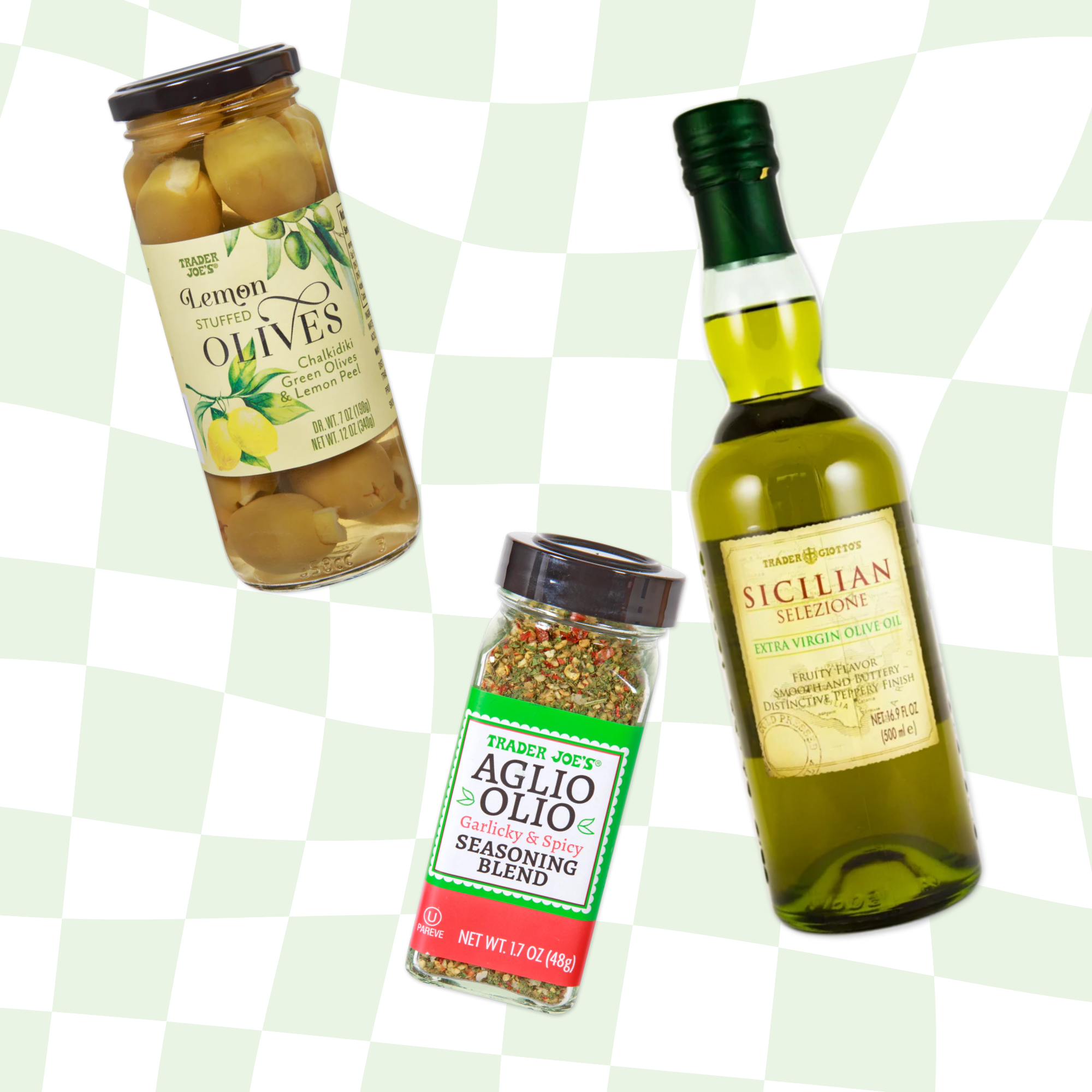 Jar of lemon-stuffed olives, a seasoning blend, and a bottle of Sicilian extra virgin olive oil arranged on a checkered background