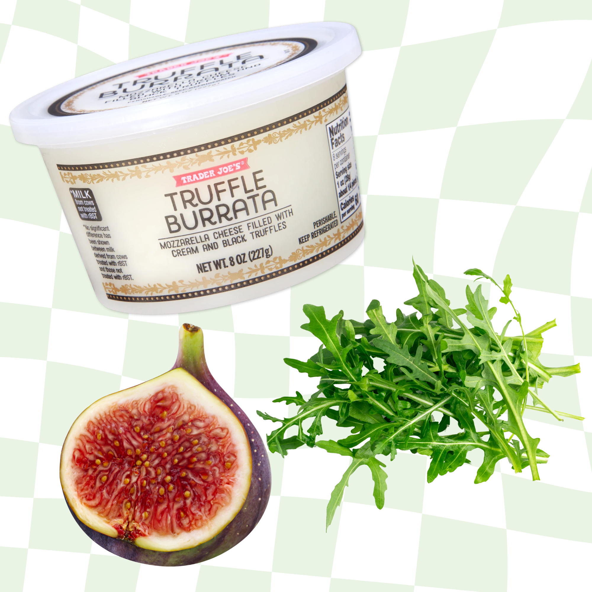 Container of Truffle Burrata with fresh fig and arugula on a checkered background
