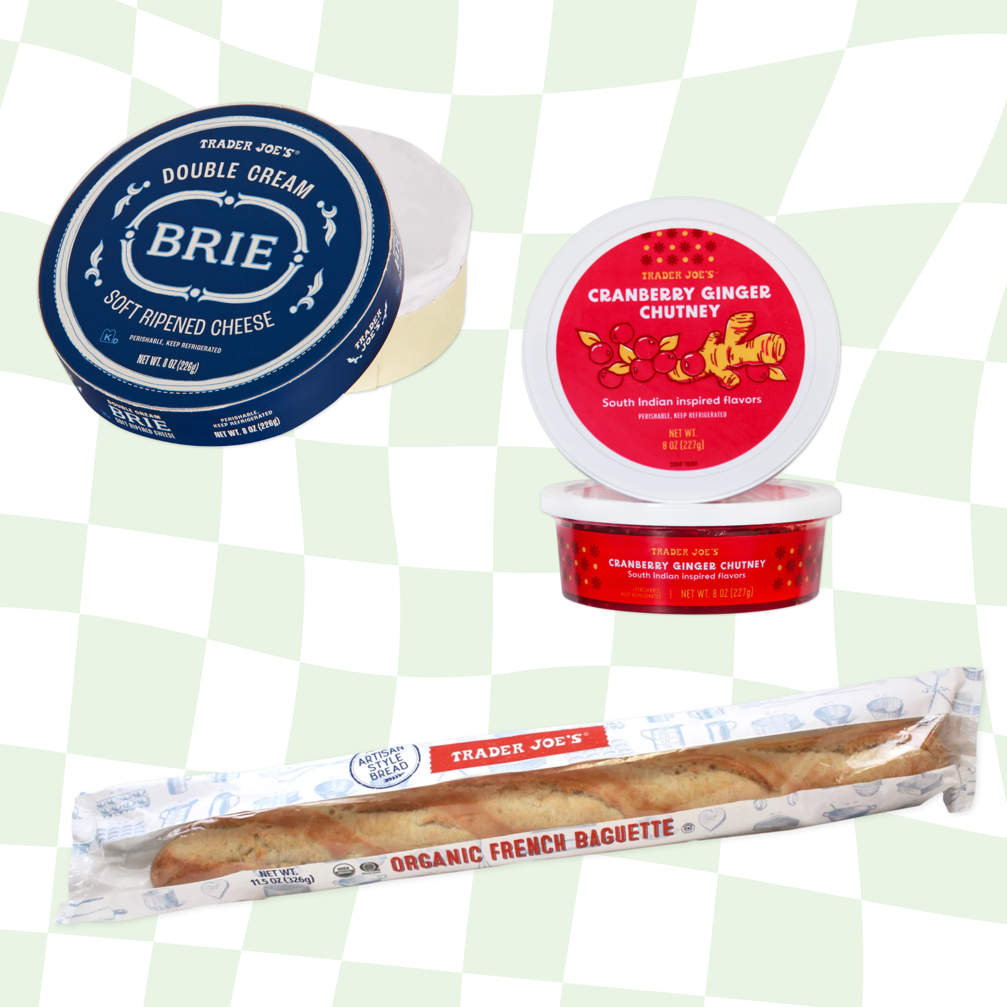 Trader Joe&#x27;s items: brie cheese, cranberry ginger chutney, and an organic French baguette