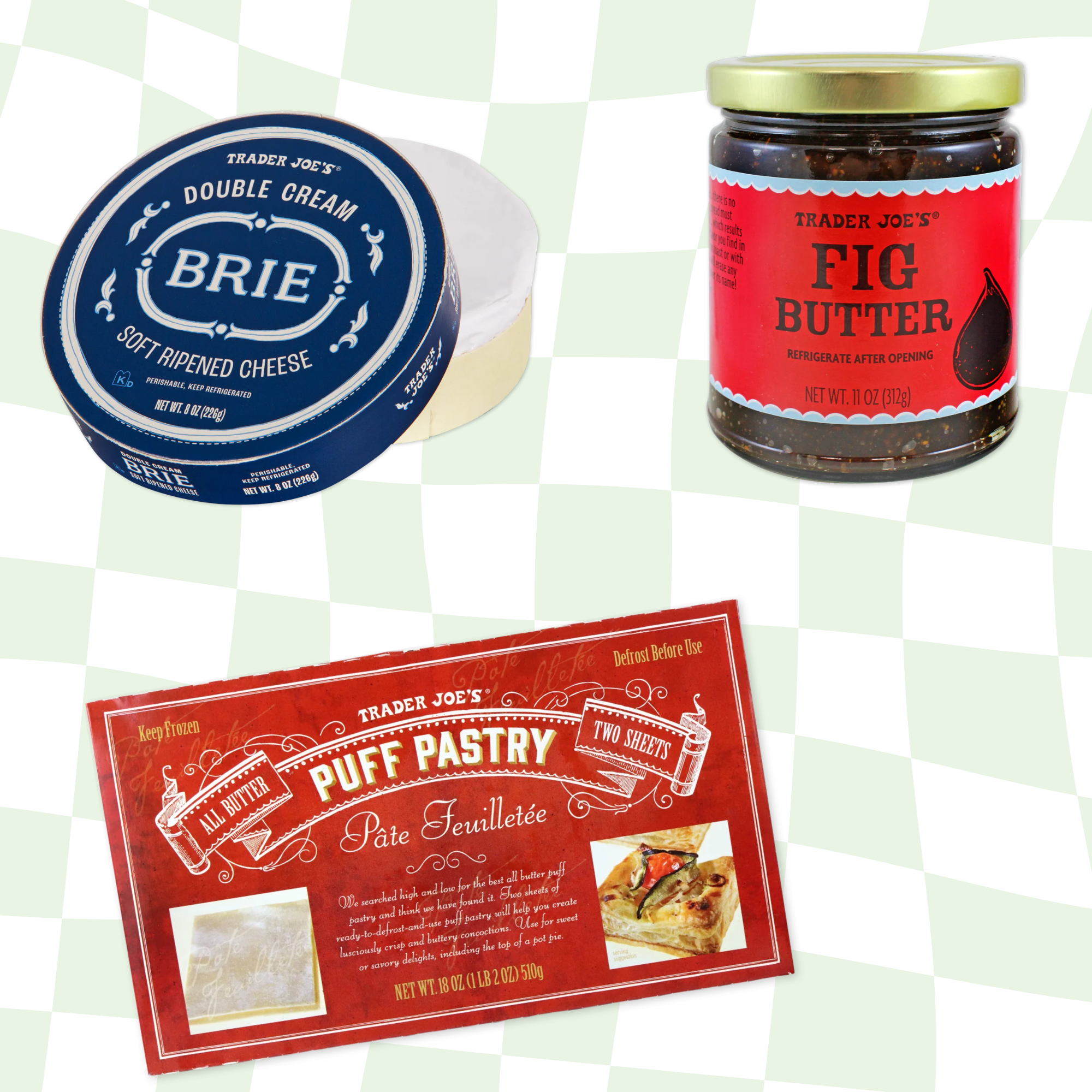 Brie cheese, fig butter jar, and puff pastry packaging against a checkered background; all Trader Joe&#x27;s products