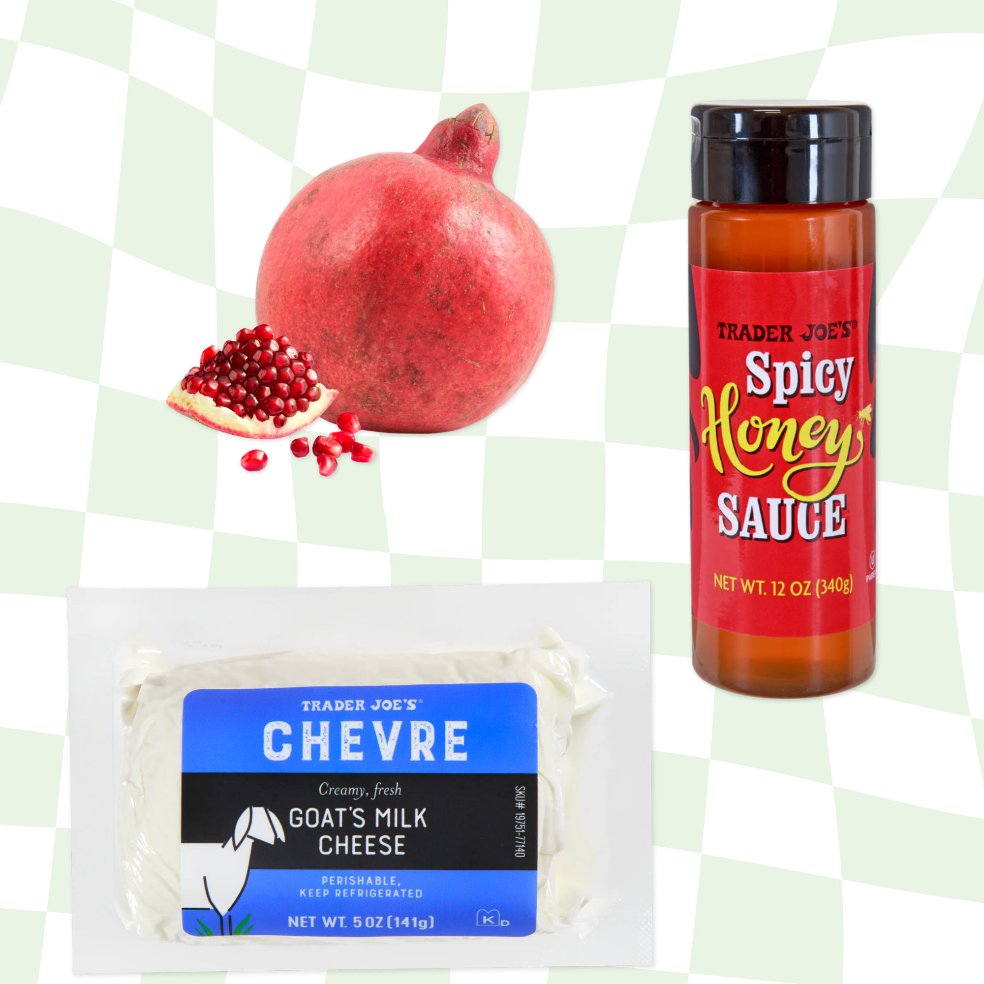Trader Joe&#x27;s products: a pomegranate, spicy honey sauce, and Chevre goat&#x27;s milk cheese on a checkered background