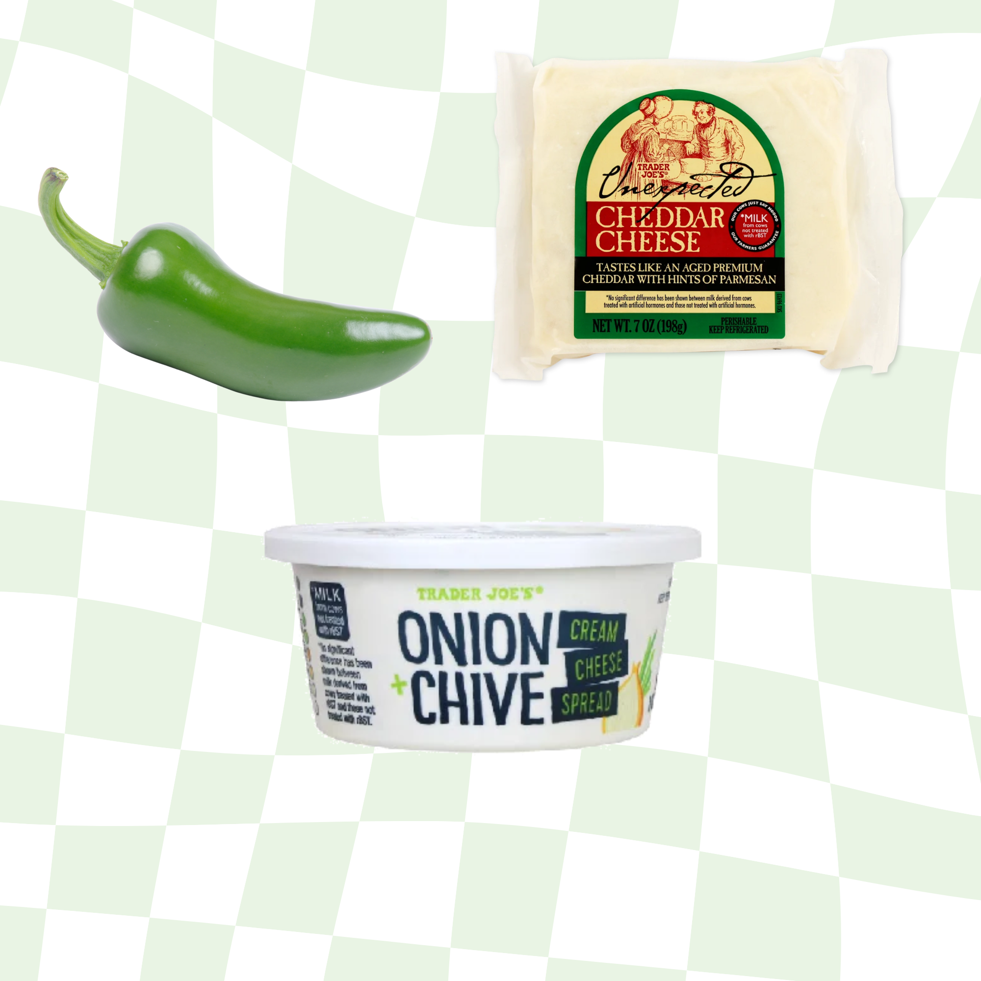 Jalapeño, Trader Joe&#x27;s cheddar cheese, and onion chive cream cheese spread on a checkered background