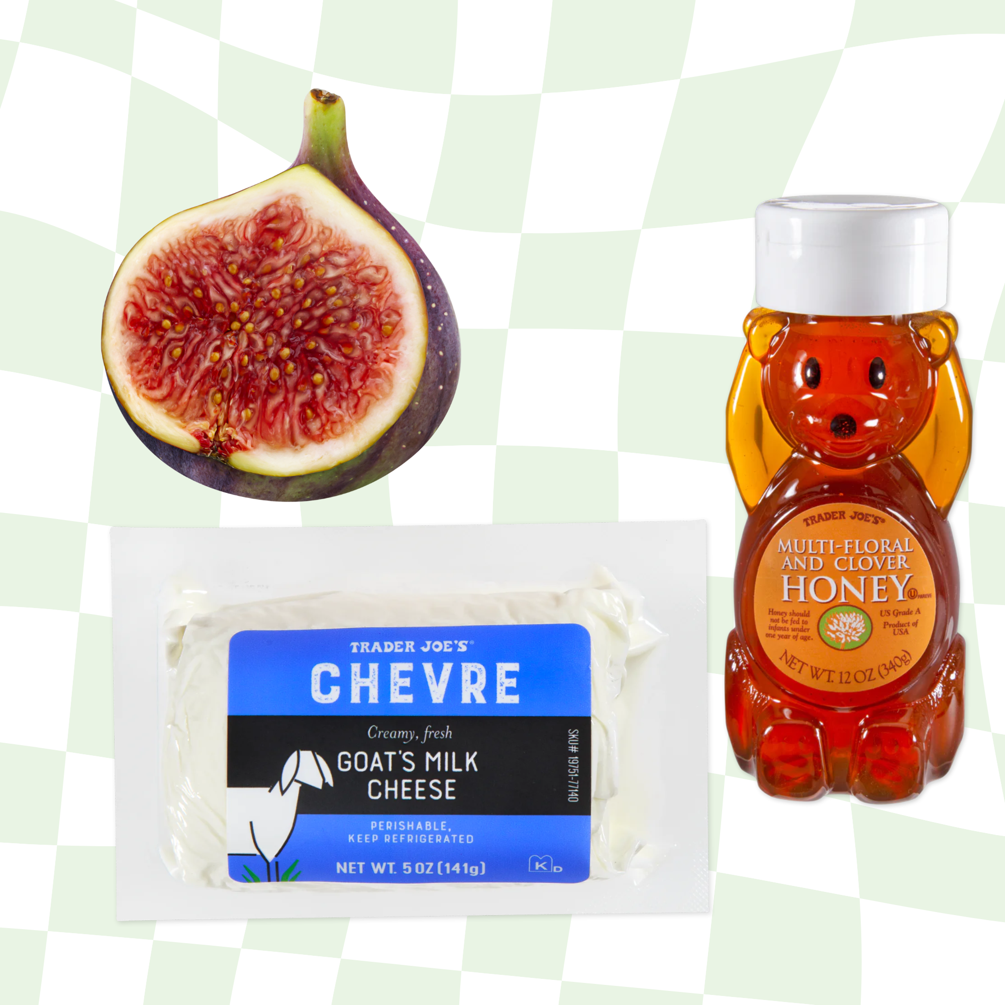 Fig, honey bear bottle, and Trader Joe&#x27;s goat cheese on a checkered background