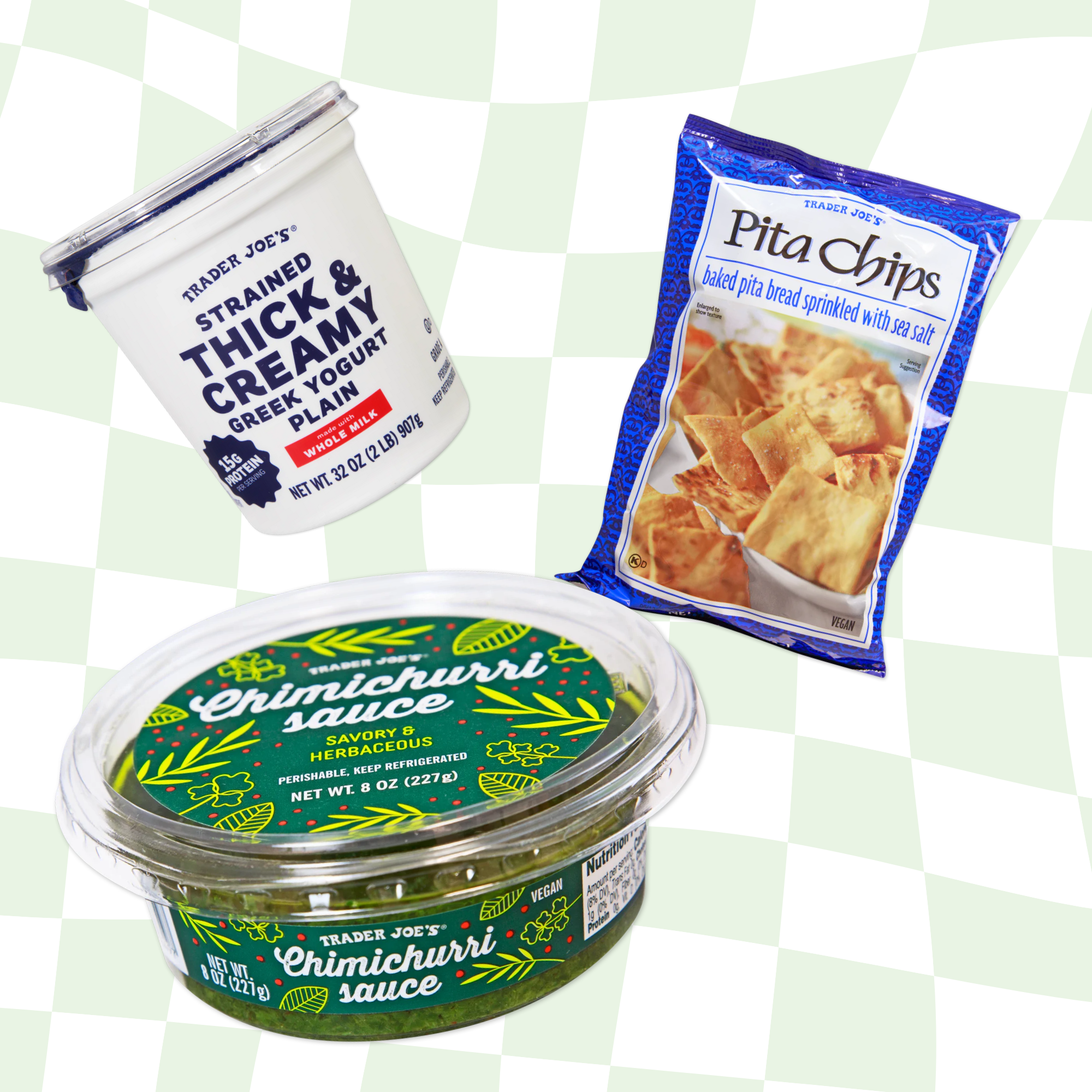 Greek yogurt, pita chips, and chimichurri sauce arranged on a checkered background