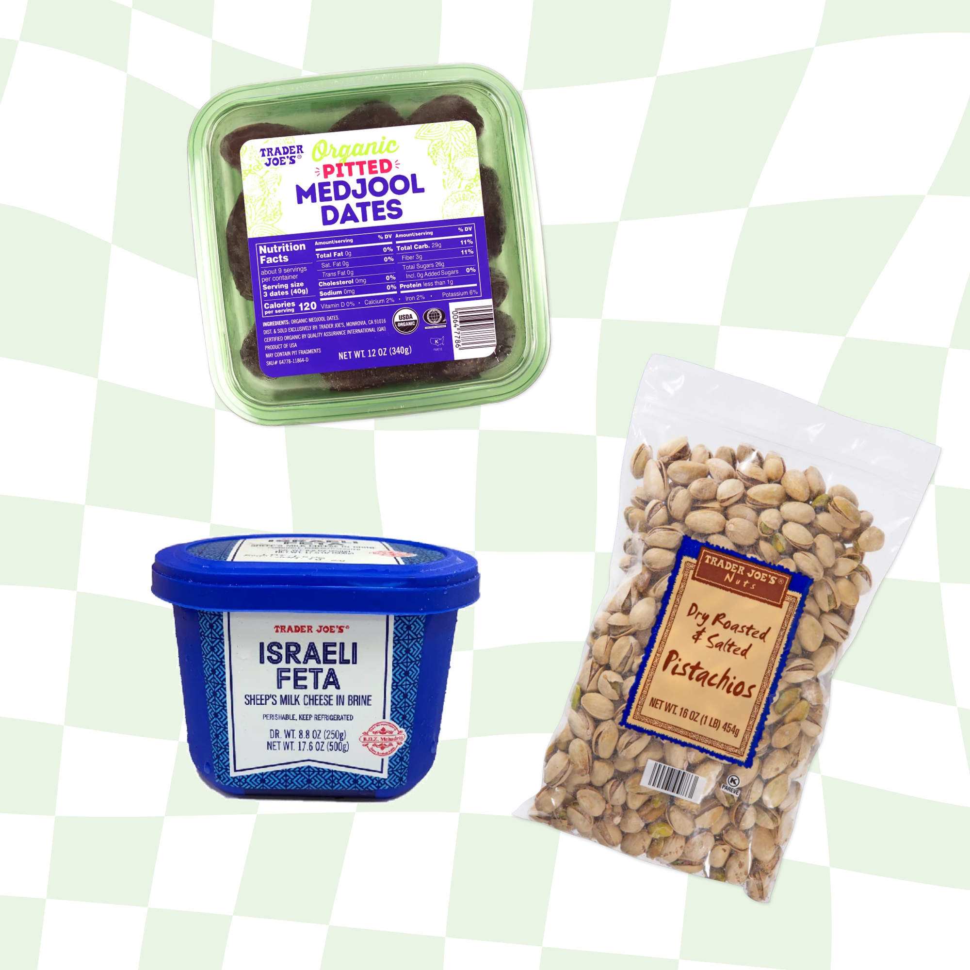 Medjool dates, Israeli feta cheese, and dry roasted salted pistachios from Trader Joe&#x27;s on a checkered background