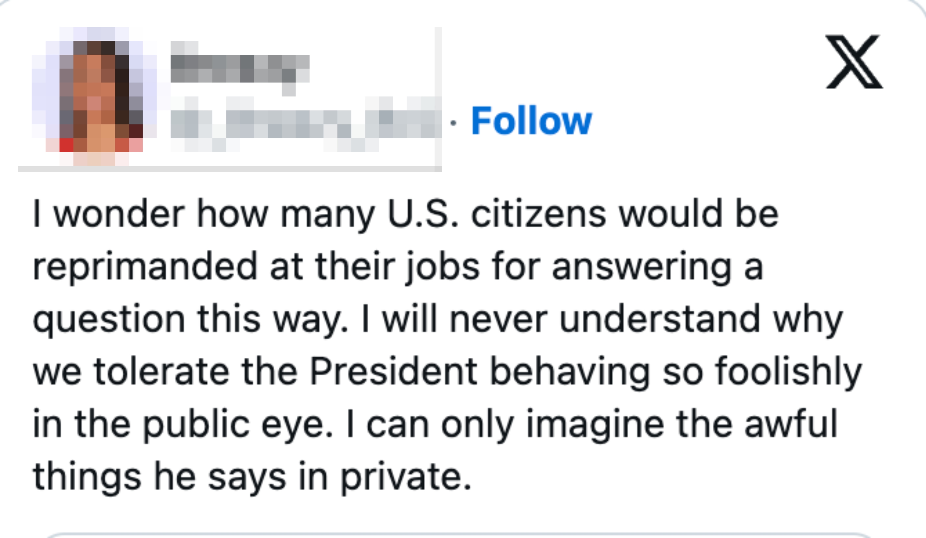A tweet questions the President&#x27;s nationalist   behaviour  and compares it to emblematic  workplace reprimands