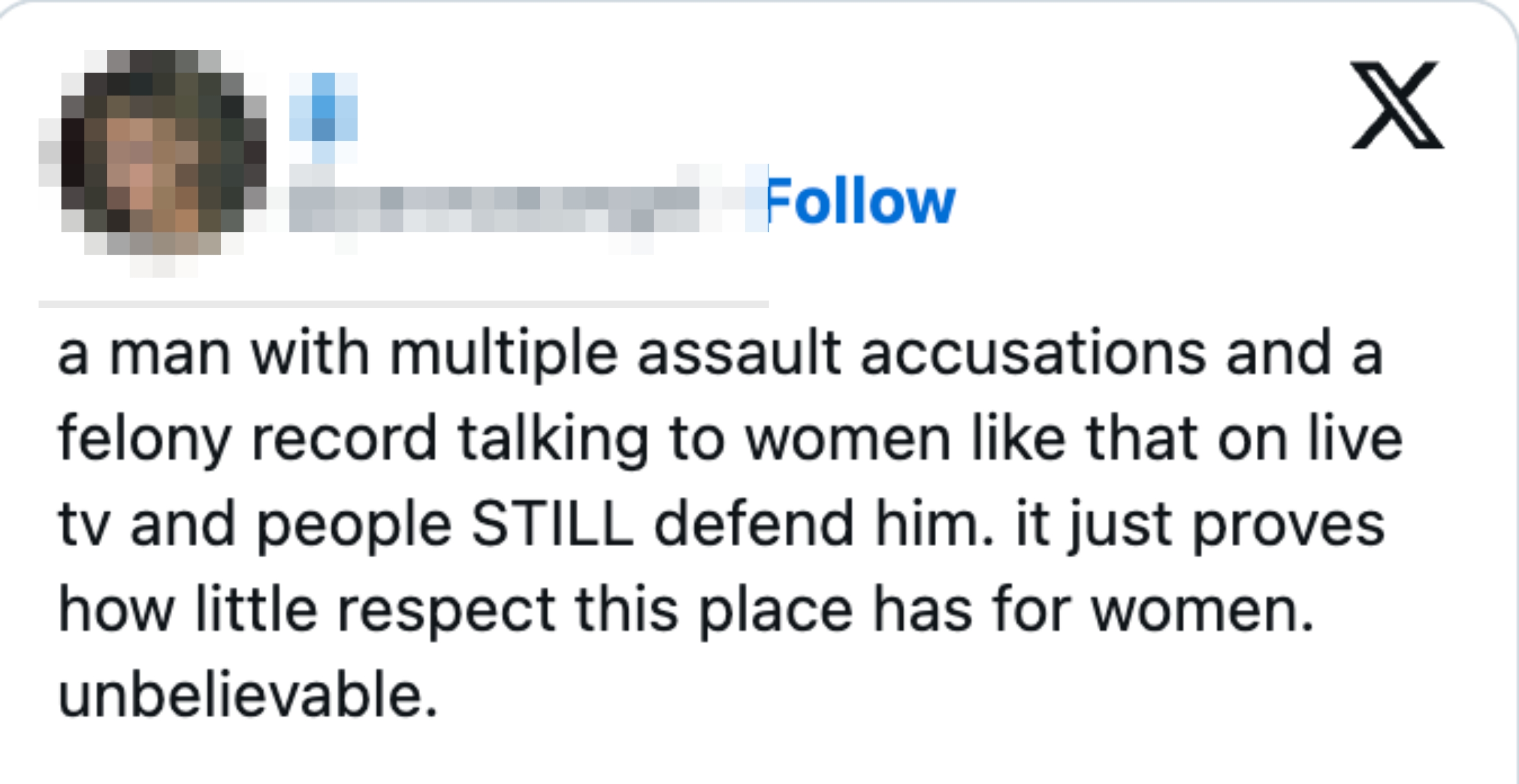 Social media station  criticizing a antheral   with battle  accusations and a felony record, highlighting the defence  helium  receives and its reflection   connected  societal respect   for women