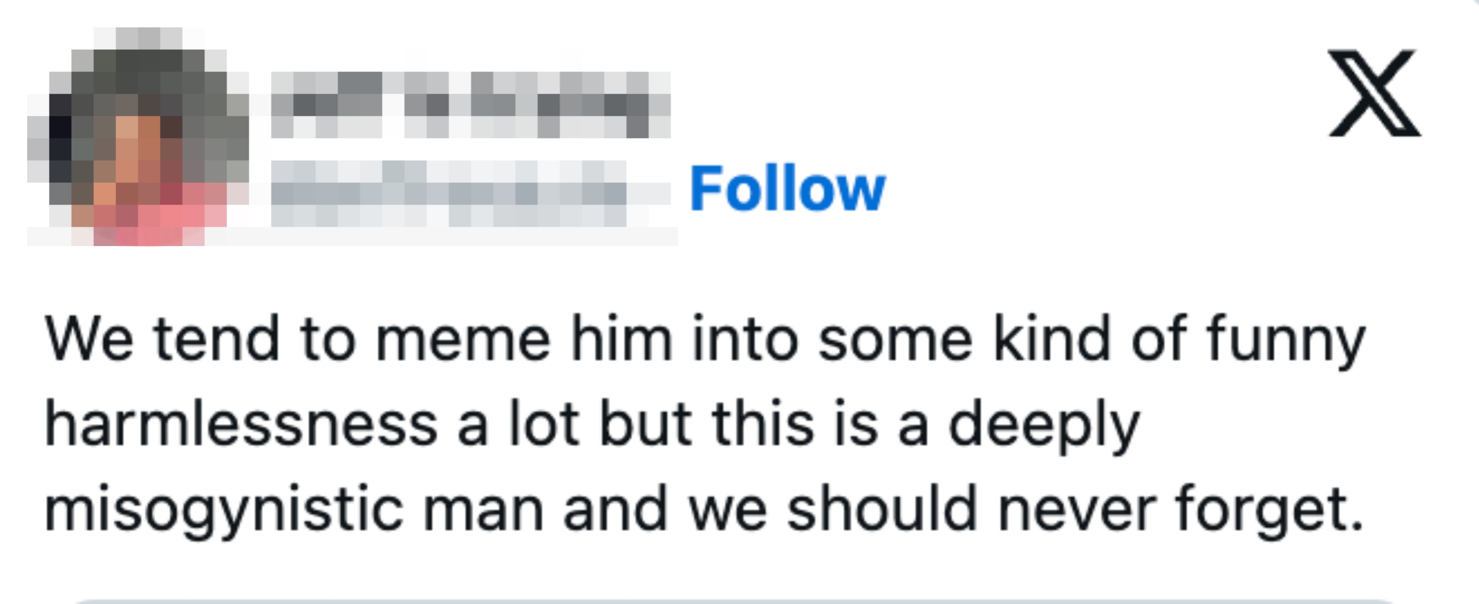  Criticizes a antheral   often   joked about, highlighting his misogynistic behaviour  and urging radical   to retrieve  it