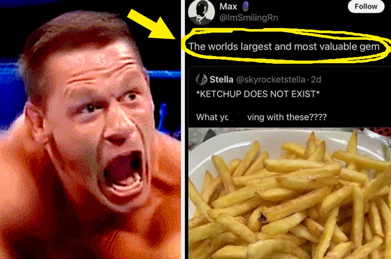 A person reacts dramatically next to a tweet comparing fries to "the world's largest and most valuable gem."