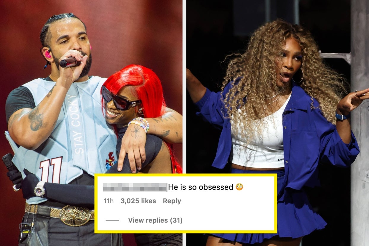 Left: Drake performing on stage hugging Sexyy Red. Right: Serena Williams gesturing animatedly in a stylish outfit on stage
