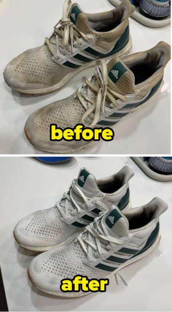 Two pairs of Adidas sneakers with noticeable deterioration and dirt, suitable for discussing durability oregon cleaning products successful a buying context