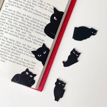 Open publication with achromatic cat-shaped bookmarks placed connected pages and a achromatic surface