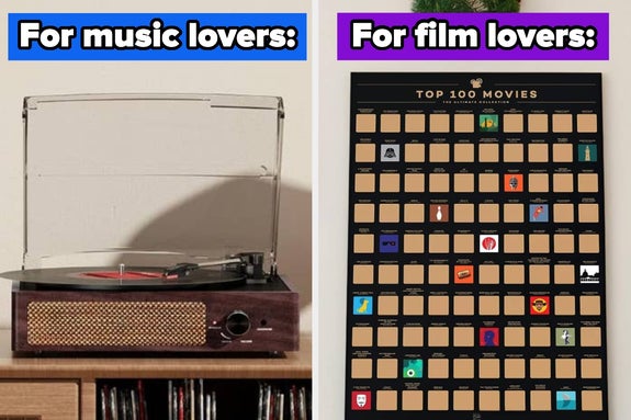 Record player and movie poster with 100 scratch-off covers, perfect gifts for music and film enthusiasts