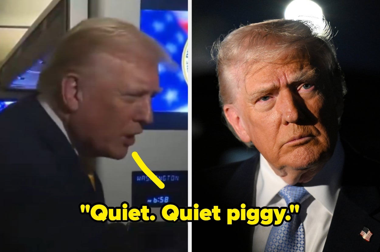 Donald Trump points and tells a reporter Quiet Piggy vs Donald Trump looking serious