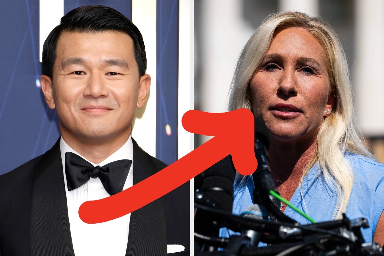 Two individuals, one in formal attire with a bow tie and the other outdoors speaking at microphones, are shown with a red arrow between them